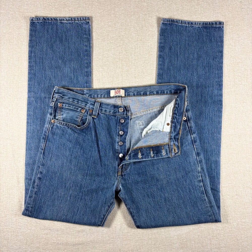 Levis 501 Mens Straight Leg Button Fly Medium Wash Denim Jeans 36x36